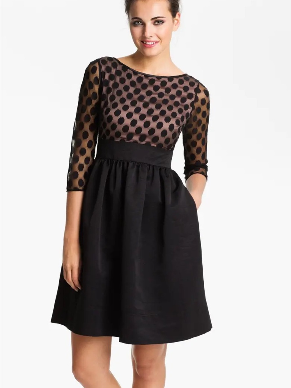 Eliza J Black and Blush Polka Dot Fit-and-Flare Dress